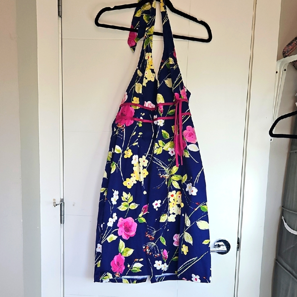 Algo Vintage Floral Halter Cotton Dress with Pink Accents
